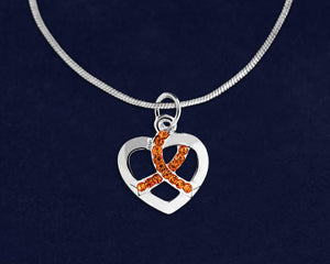 MS Crystal Orange Ribbon Silver Heart Necklace