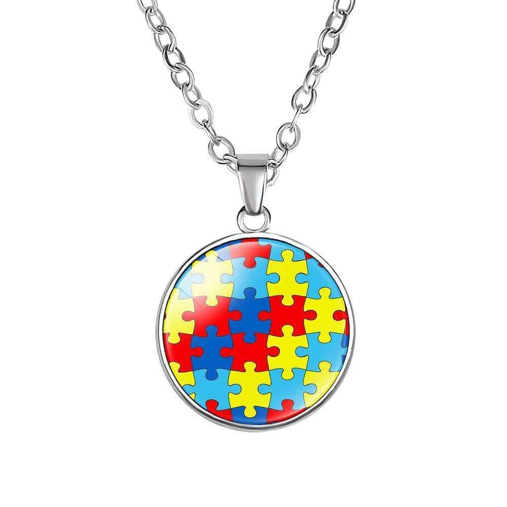 Autism Puzzle Cabochon Glass Pendant Chain Necklace