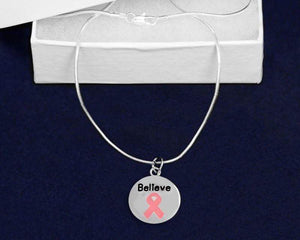 Believe Pink Ribbon Circle Charm Necklace