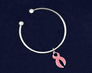 Large Pink Ribbon Charm Bangle Bracelet