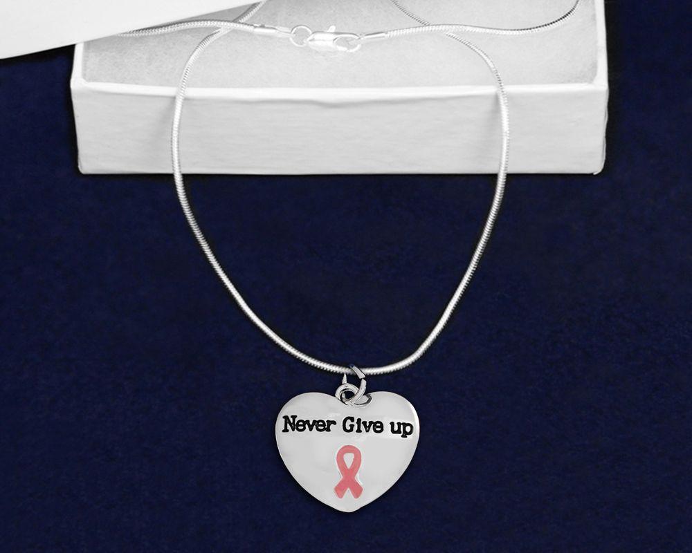 Never Give Up Pink Ribbon Heart Charm Necklace