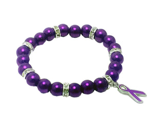 Purple Ribbon Fibromyalgia Awareness Glass Bead Bracelet