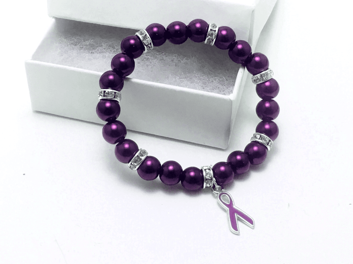 Purple Ribbon Fibromyalgia Awareness Glass Bead Bracelet