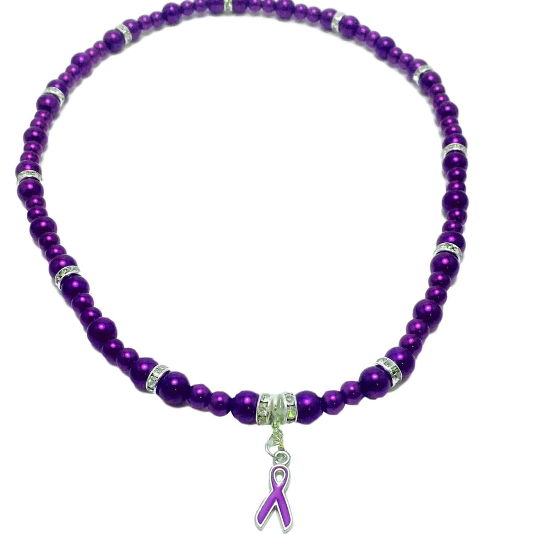 Purple Ribbon Fibromyalgia Awareness Glass Bead Necklace