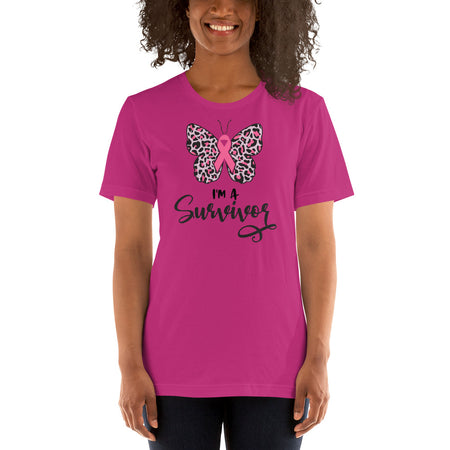 "Im A Survivor" Pink Ribbon Leopard Print Butterfly T-Shirt